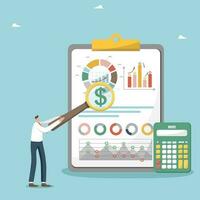 Estimating the cost of a project or estimate, calculating the budget, increasing the investment portfolio and savings, looking for new opportunities in making money, man analyzes income and expenses. vector