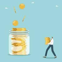 Investing your own money in innovations or investments, making a profit from bank deposits or shares of companies, financial and economic growth, man carries pile of coins to jar into coins are poured vector