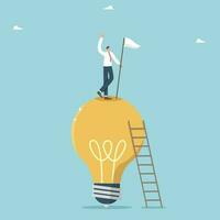 Creative thinking and brainstorming to achieve goals, new business ideas for profit, innovative ideas for great success, logic and intelligence to solve problems, man stands with a flag on light bulb. vector