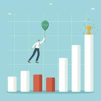 Choosing the right strategy to increase income and profit during the economic crisis, recovering a business after a recession, methods and ways to increase sales, man using balloon flies over a graph. vector