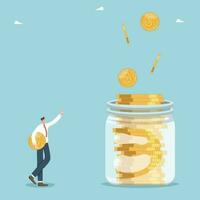 Increase in savings and profit from investments, growth of interest on a bank deposit, high level of income and wages, economic stability, man with a coin points to a jar into which coins are pouring. vector