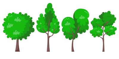 Set of green trees flat vector illustration. Beautiful green leaves isolated on white. Summer time trees. Natural forest plant. Ecology garden template.