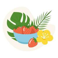 Red Strawberry in bowl and tropical leaves around vector