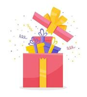 Surprise Gift colored boxes with confetti, ribbon. Perfect for Birthday celebration symbol, give away package, loyalty program reward. Vector illustration isolated on white background