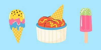 Set of different Ice cream on blue background vector