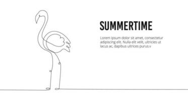 Flamingo horizontal banner summer concept in continuous line art style vector