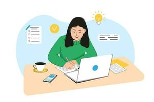 Landing page template online education concept. Young woman, with laptop sitting at table and recording lecture. Online courses. Student studying on computer minimalist style. Flat vector illustration