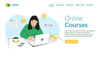 Landing page template online education concept. Young woman, with laptop sitting at table and recording lecture. Online courses. Student studying on computer minimalist style. Flat vector illustration