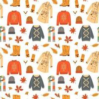 Autumn clothing pattern. Casual wears, outdoor outfits, rainy season accessories, shoes, raincoats and gloves and orange leaves, vector cartoon flat set.