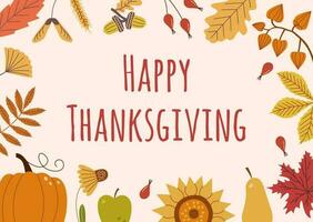 Thanksgiving Day Banner desing decorated by frame or border of delicious vegetables, fresh fruits, berries, flowers. Flat vector illustration.