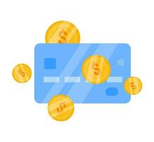 Credit card with gold coins. Cashback for purchases. Cashless payments. Business investment. Vector illustration isolated on white background