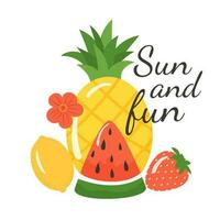 Summer tropical fruit and lettering Sun and Fun vector