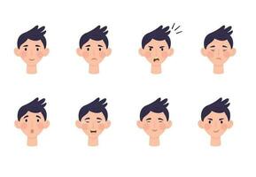 Face boy with different emotions set. Young man face expressions. Portrait avatar. Vector illustration for designs, prints, patterns. Isolated on white background