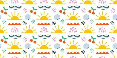 Summer abstract shapes sun, waves, seashell seamless pattern vector