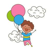 Character little boy flying on colorful balloons vector