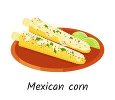 Mexican baked corn traditional food. Corn on the cob in sauce on plate. Vector illustration Isolated on white backgroun