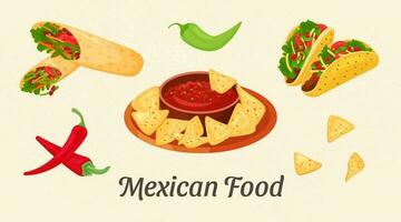 Horizontal poster with Mexican traditional food and text. Tacos, nachos, burritos. Vector banner for the menu on a beige retro background