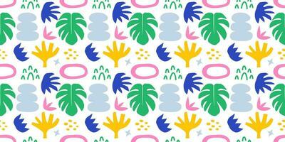 Summer abstract shapes tropical leaves, plants and doodles seamless pattern vector