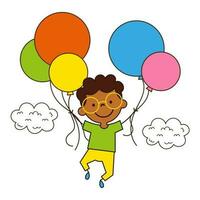 Happy afro little boy flying on colorful balloons near the clouds in doodle style vector