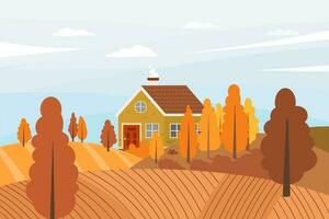 Autumn rural landscape of small house on hill with trees. Counterspace scene landscape with fields, skyline and clouds. Seasonal background. Flat style vector illustration