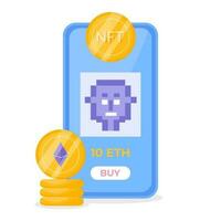 Smartphone screen with digital art NFT. Online buy art object with cryptocurrency coins. Flat style vector illustration