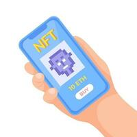 Buy digital art NFT non fungible token concept. Hand holding smartphone with art object on the screen. Internet marketplace and blockchain technology. Flat style vector illustration