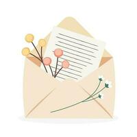 Open envelope with handwritten paper letter. Spring mail with flowers. Handwritten paper message. Flat vector illustration on white background