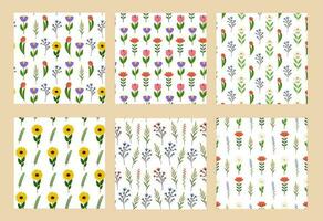 Various garden and field flowers seamless pattern set. Spring and summer floral, repeating print. Botanical background, texture design for textile, fabric, wrapping. Vector flat illustration