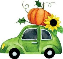 watercolor drawing. cute thanksgiving composition. pumpkin car. autumn, harvest, funny vintage print vector