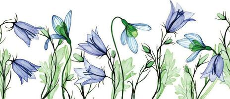 watercolor drawing. seamless border, frame of transparent flowers snowdrop and bluebell. spring wildflowers, x-ray vector