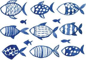 watercolor set with fish. children's simple drawing blue fish on a white background. doodle vector