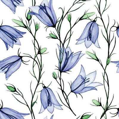 watercolor drawing. seamless pattern with bluebell flowers. spring wildflowers, x-ray