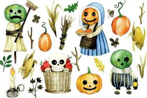 watercolor drawing. set of cute characters and elements for halloween. holiday decoration for kids, vintage style illustration vector