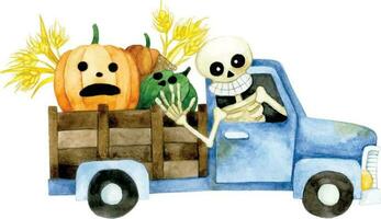 watercolor cute drawing for halloween. a smiling skeleton rides in a pumpkin truck. vintage fairy tale composition. vector