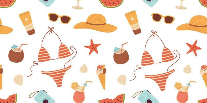 Summer seamless pattern with beach accessory and items. Bikini, sunglasses, cream, watermelon, hat, ice cream, coctail, camera. Cartoon vector illustration. Fashion print, fabric design.