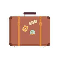 Vintage traveling leather suitcase with stickers. Cabin luggage vector illustration. Baggage icon