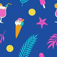 Summer seamless pattern with ice cream, tropical leaves, lemon and starfish. Vector illustration. Print, fabric design, wrapping paper.
