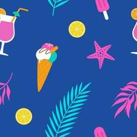 Summer seamless pattern with ice cream, tropical leaves, lemon and starfish. Vector illustration. Print, fabric design, wrapping paper.