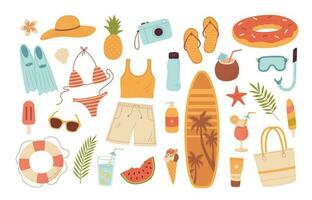 Cartoon summer beach stuff vector illustration. Summertime items. Vacation accessory for sea holidays. Surfboard, snorkeling mask, slippers, ice cream, fruits, sunglasses, cocktails, swimsuit, hat