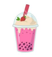 Bubble milk tea with strawberry and tapioca pearls on white background. Ymmy milkshake with berry vector illustration