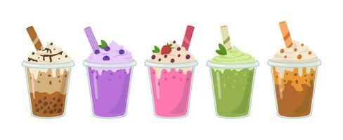 Tasty colorful ice cream vector illustration. Ice-cream with berry, chocolate, caramel, matcha isolated on white background
