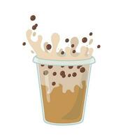 Bubble milk tea with coffee and tapioca pearls. Milkshake with splash vector illustration. Frape cold drink