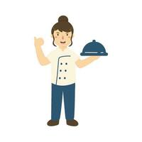 woman chef holding cloche food tray vector