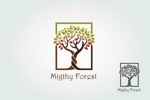 Mighty Forest Logo Template. An illustration of two trunk twisting each other in a helix. Vector illustration rainbow tree.