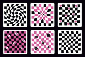 Checkered pattern in trendy retro trippy style. Black and pink colors. Twisted and distorted vector in trendy retro psychedelic style