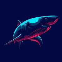 Shark logo with colorful neon line art design with dark background. Abstract underwater animal vector illustration.