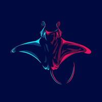 Manta ray logo with colorful neon line art design with dark background. Abstract underwater animal vector illustration.