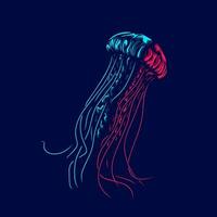 Jellyfish logo with colorful neon line art design with dark background. Abstract underwater marine animal hand drawn sketch vector illustration.