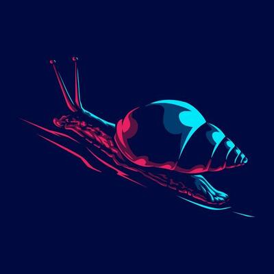Snail logo with colorful neon line art design with dark background. Abstract underwater animal vector illustration.