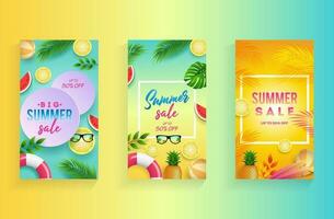 Summer sale vector poster set and summer elements in colorful backgrounds for store marketing promotion. Vector illustration.